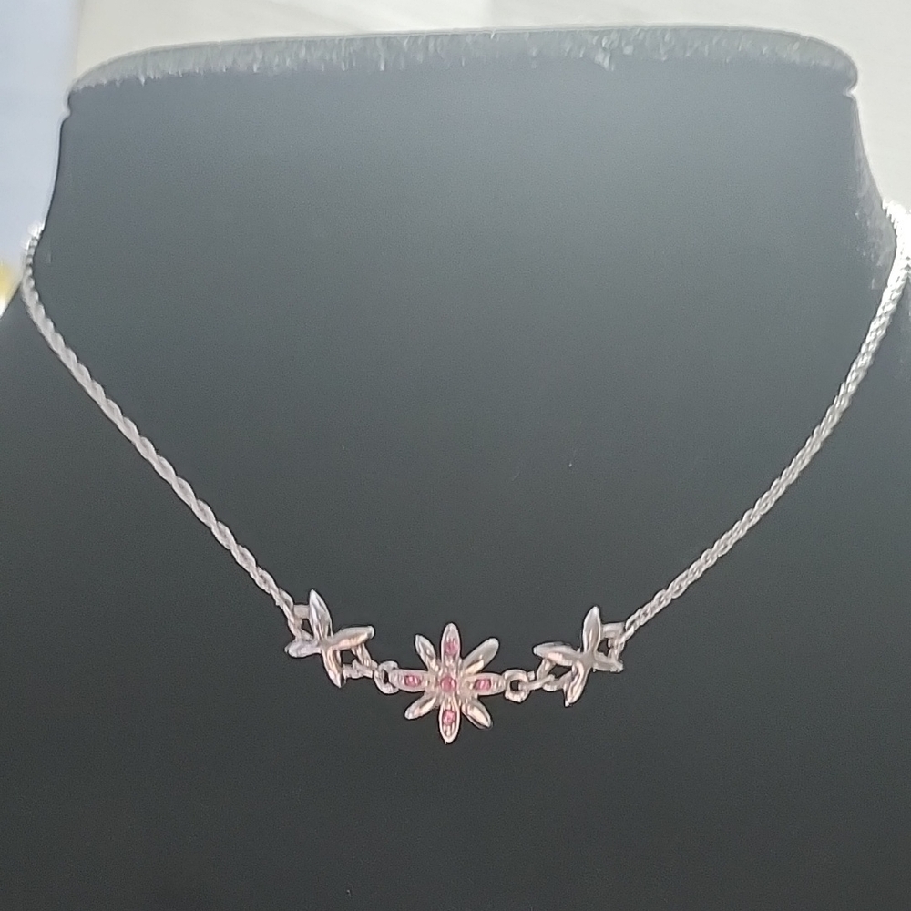 Pink Gemstones and Silver Tone Floral Jewelry Necklace